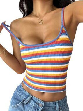 Women Summer Crop Tank Tops Striped Cami | Cute Sleeveless Spaghetti Strap Tanks